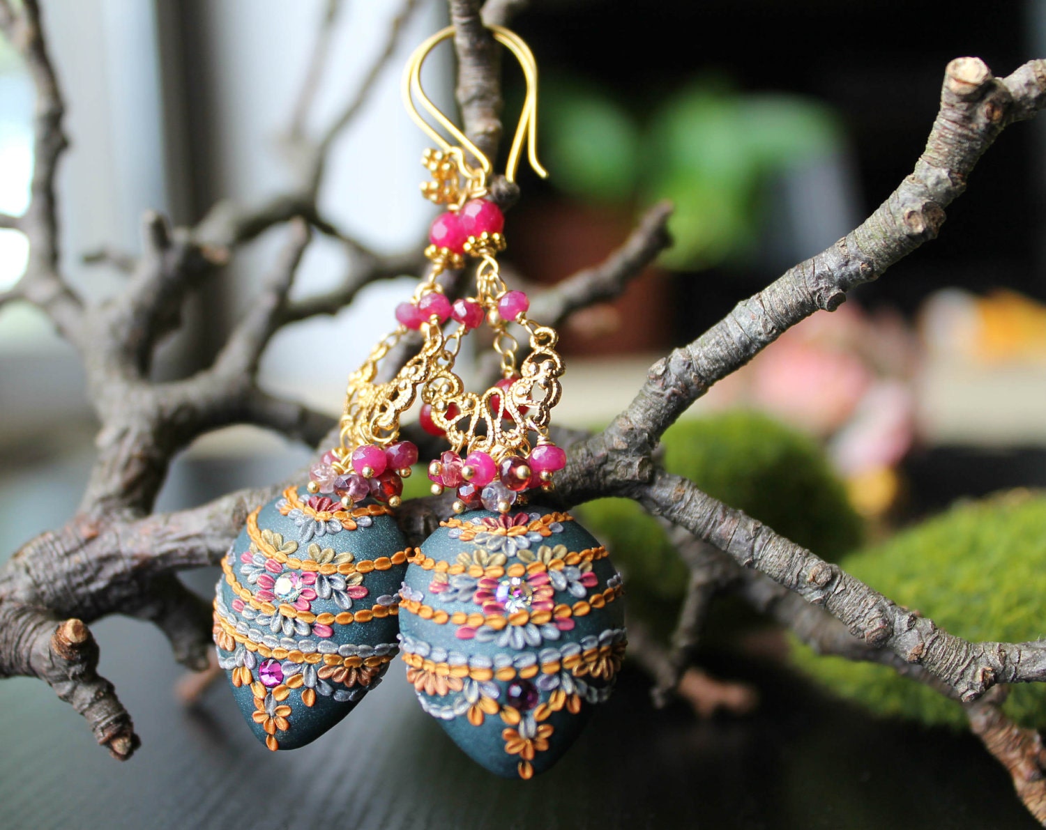 Natural Ruby, Rubellite and Ruby Jade gemstone cluster clay floral  gold earrings - Henna