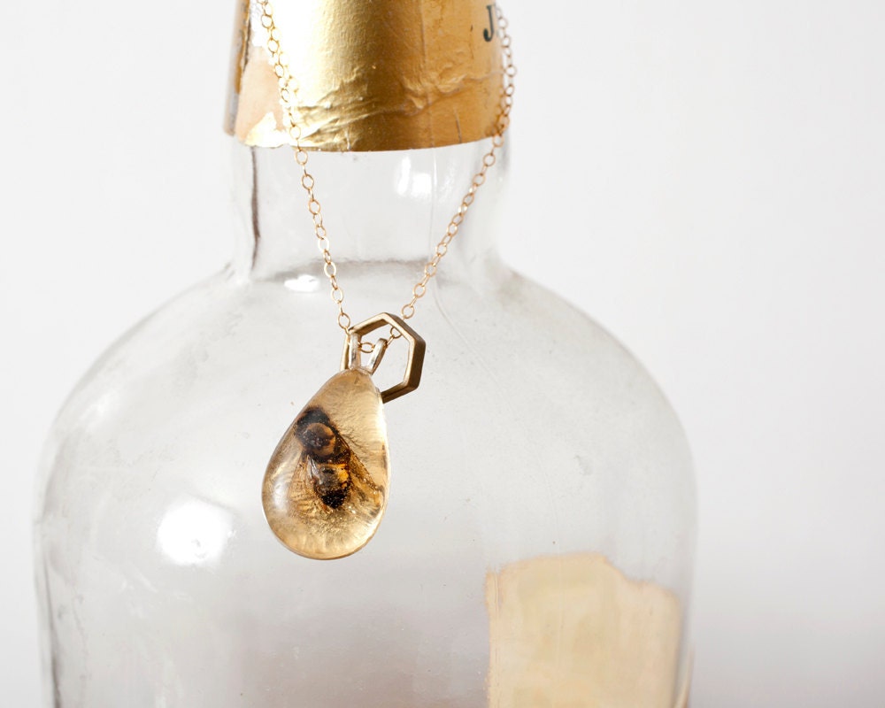 Gold Colony Collapse Real Bee Necklace, Small Teardrop