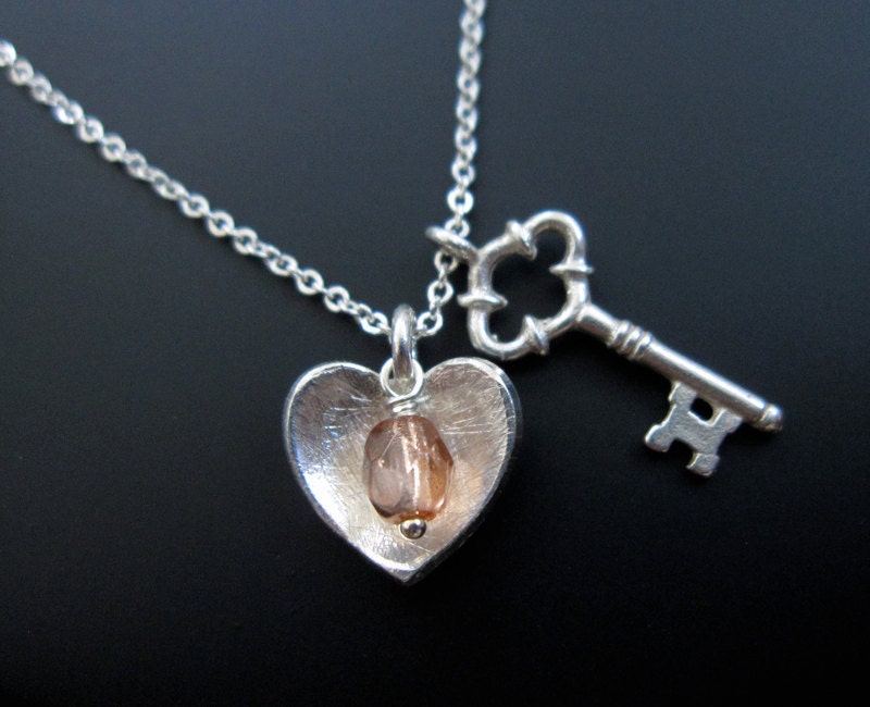 CHERISH silver key to my heart necklace, heart and key charm necklace