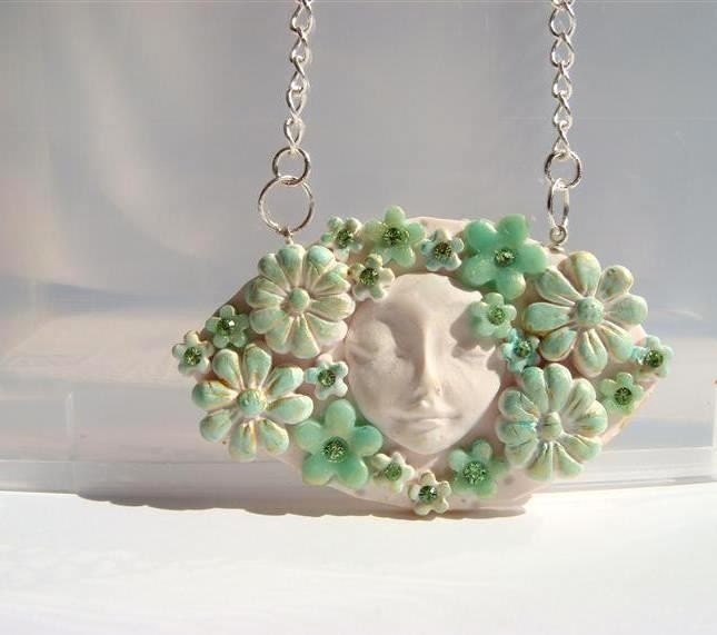 Floral Collage Pendant , White  Mint and Turquoise,  Romantic Shabby Chic Handmade Jewelry
