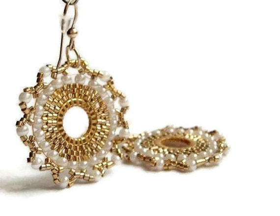 Bridal Earrings 24  Karat Gold Plated  Beads and  Pearls  Romantic  Handmade Mandala  Beadwork Jewelry - efiwarsh