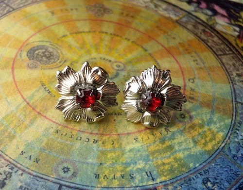 Flower Post Earrings with Red Vintage Glass