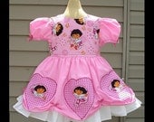 Dora The Explorer Princess Dress(-----)Appliqued hearts and Hot Pink Bows(-----)Sizes 12 months to Girls size 8