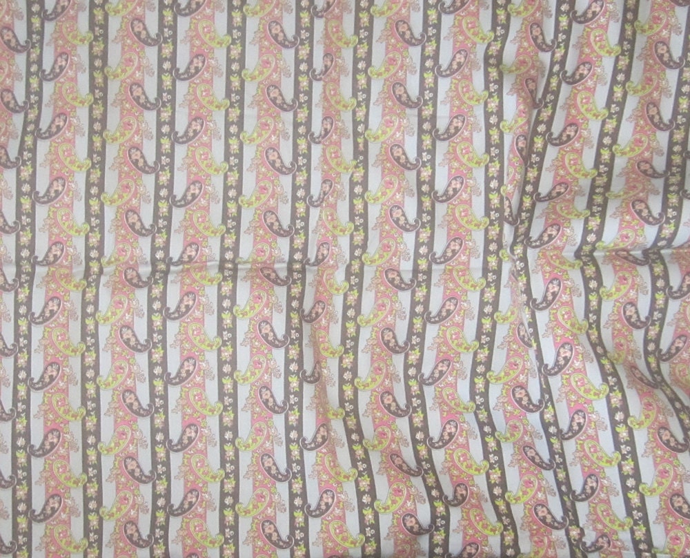 Vintage Cotton Fabric - Pink Green & Brown Paisley - 1/2 Yard