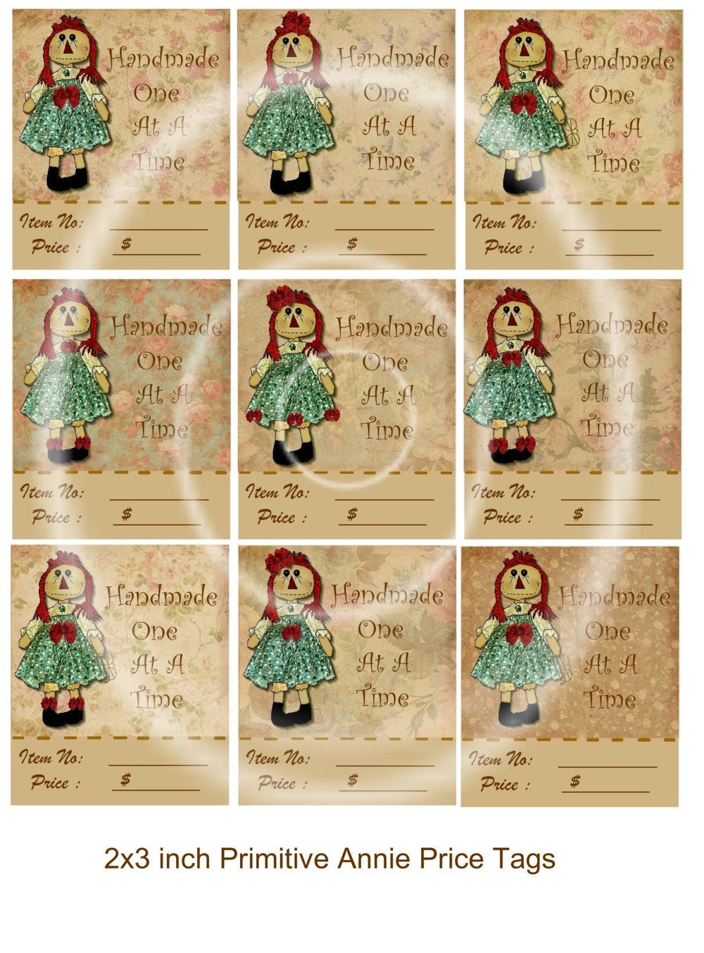 Primitive Annie Price Tags -  Printable Digital Collage Sheet - Digital Download - U Print
