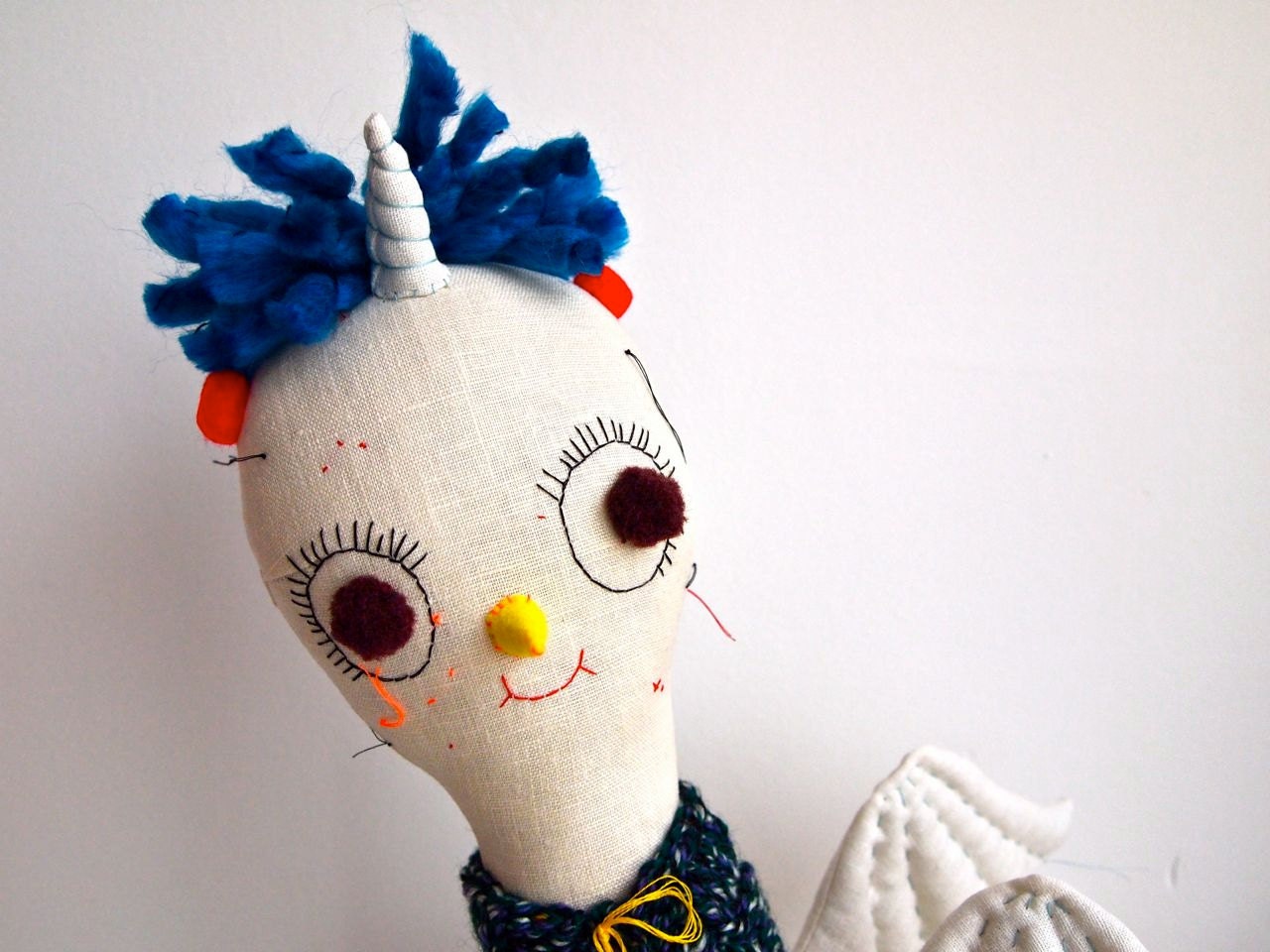 Soft sculpture ooak art doll cloth, Unicorn, Owl, Hooticorn linen, Gillian