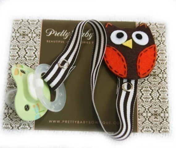 Baby Boy Pacifier Clip - Brown Owl Paci Clip - Binky Saver - Brown - Baby Shower Gift (OO)