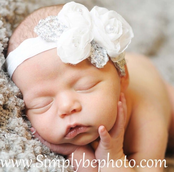 Baby Headband - Holiday Baby Headband White- White Chiffon Flower On A White Shimmery Stretch Headband- Baby Infant Toddler (WB)