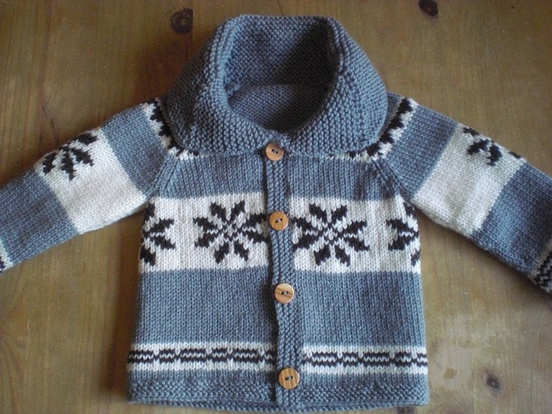 Childrens' Sweater, Pure Wool Cowichan Style Custom Made, Snowflake, 6-12 months, 2 years, 3 years