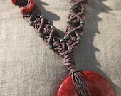 SALE Hemp Macrame Necklace with Coral - Natural Bohemian