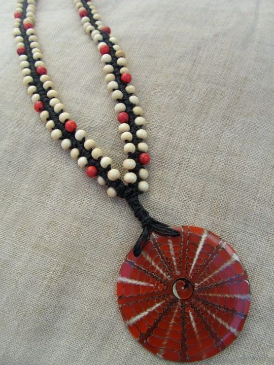 SALE Macrame Mosaic Shell Hemp Necklace - Natural Boho Hippie