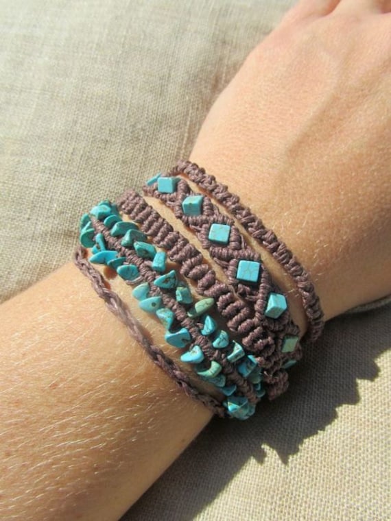 Turquoise and Brown Hemp Macrame Cuff Bracelet - Natural Bohemian Hippie
