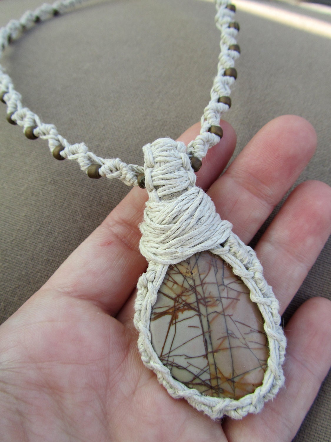 SALE Wrapped Picture Jasper and Hemp Macrame Necklace - Natural Bohemian