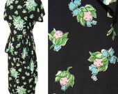 Vintage 40s Dress Black Rayon Pink Flower Novelty Peplum S M