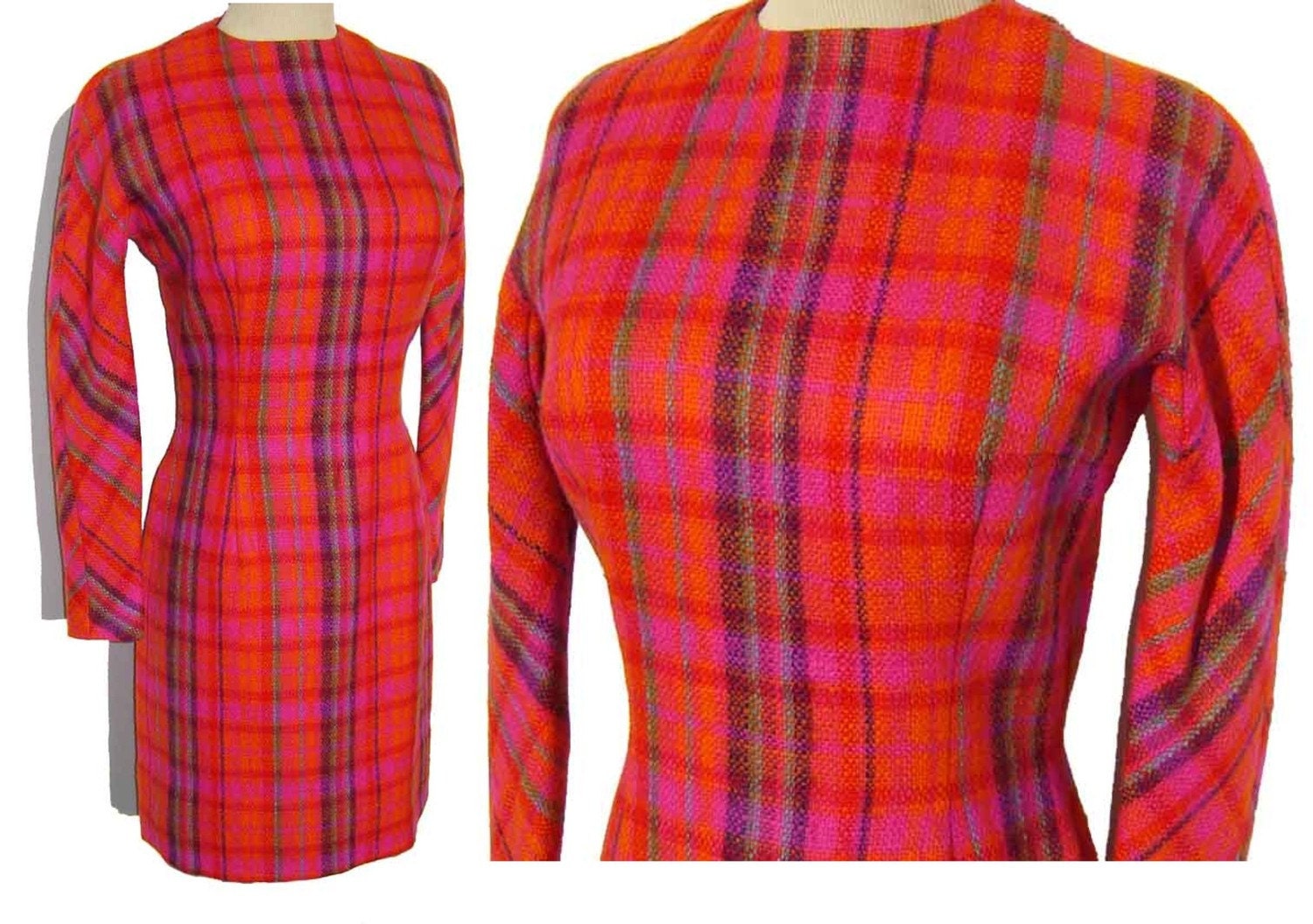 Vintage 60s Dress Anne Fogarty Mod Red Plaid Wool Mini M