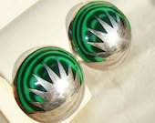 Vintage Taxco Earrngs Sterling Silver & Green Enamel Abstract Starburst
