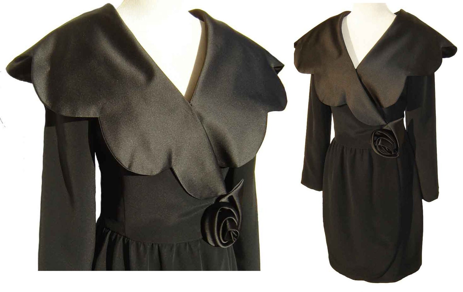 Vintage 70s Dress Black Cocktail Arthur Doucette Crepe Satin S / M