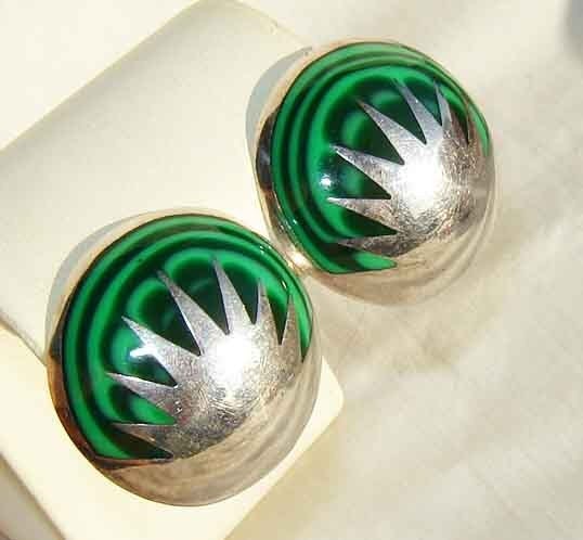 Vintage Taxco Earrngs Sterling Silver & Green Enamel Abstract Starburst