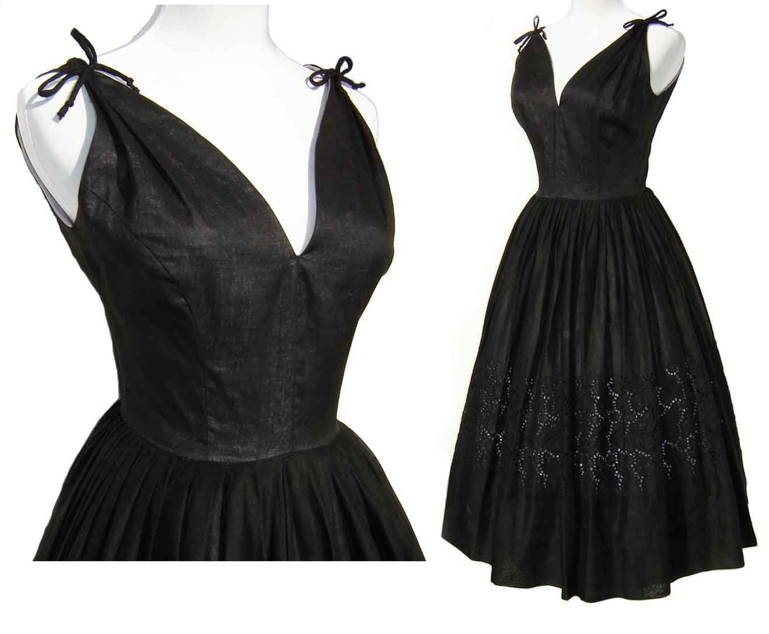 Vintage 50s Dress Rockabilly Black & Purple Lavender Cotton Eyelet Lace Full Skirt Sundress Party S / M