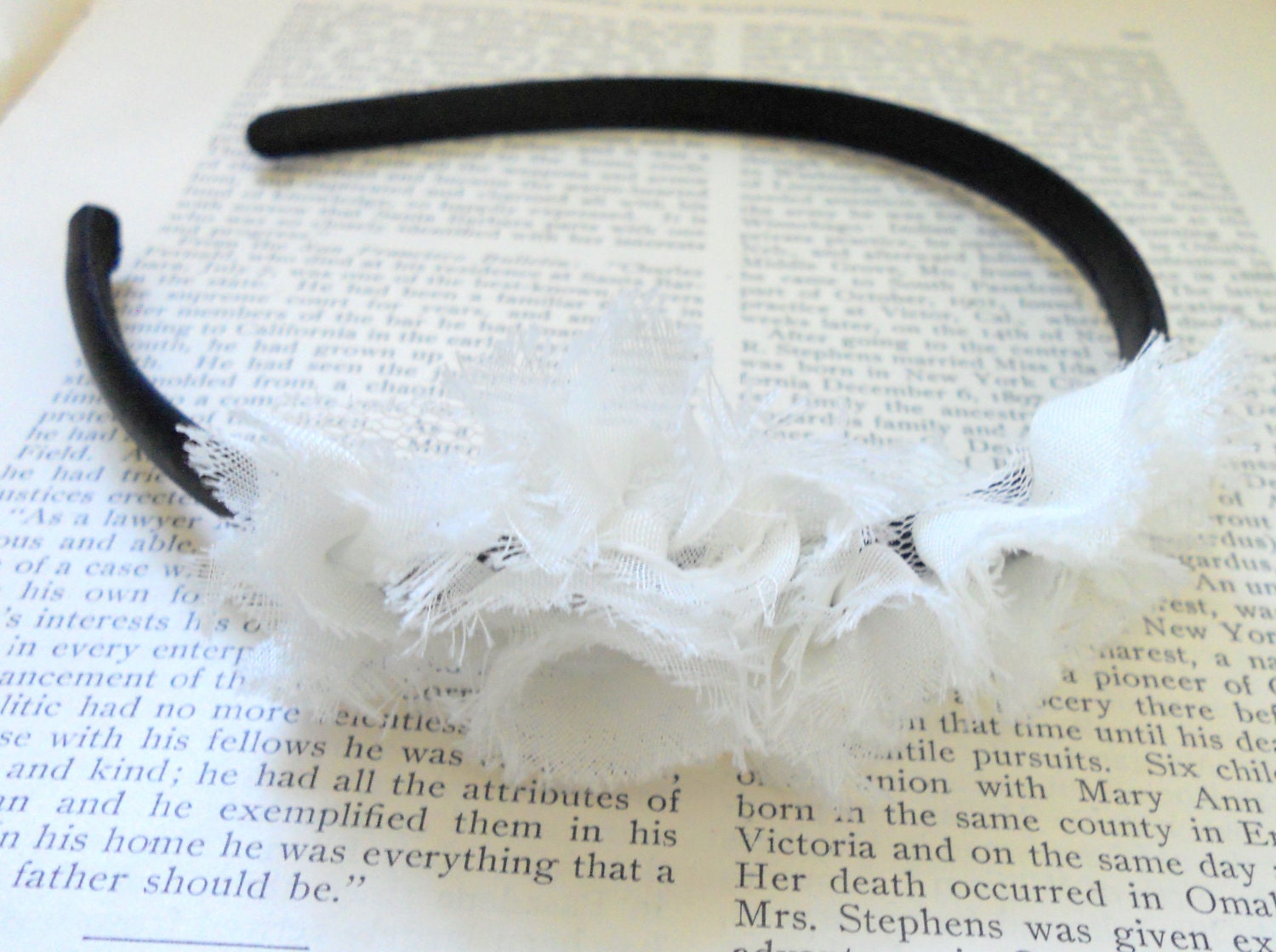 Tyler Black & Ivory Ruffled Frills Headband, Satin, Sheer, Girly, Gift, Feminine, Romantic