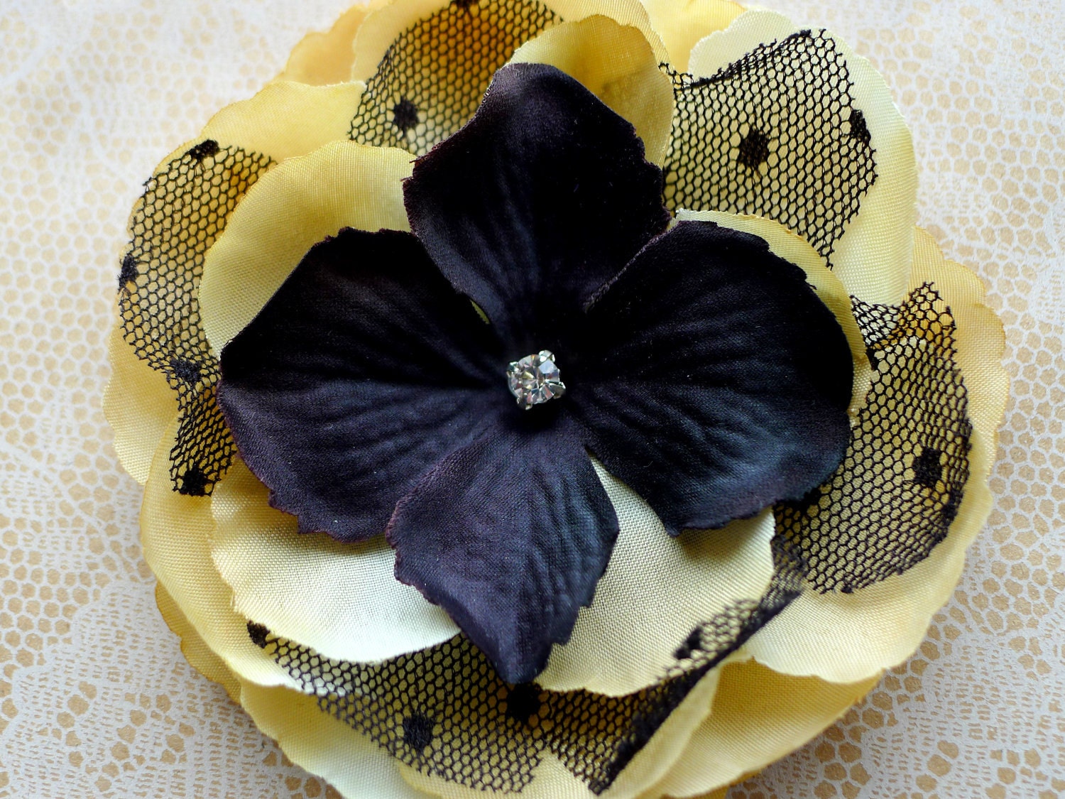 Emery Camel & Black Lace  Dotted Hair Flower Fascinator or Brooch Pin