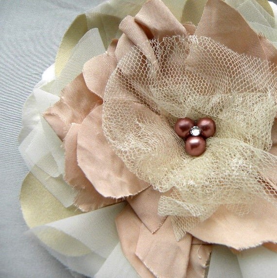 Cosette Luxurious Handmade Hair Flower or Brooch Pin- Wedding- Champagne, Gold, Blush, and Lace- Vintage Style