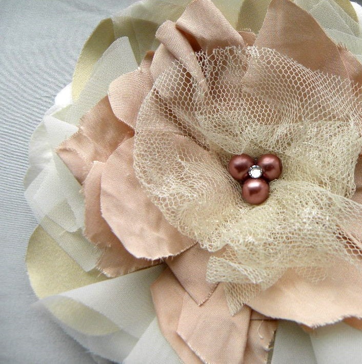Cosette Luxurious Handmade Hair Flower or Brooch Pin- Wedding- Champagne, Gold, Blush, and Lace- Vintage Style