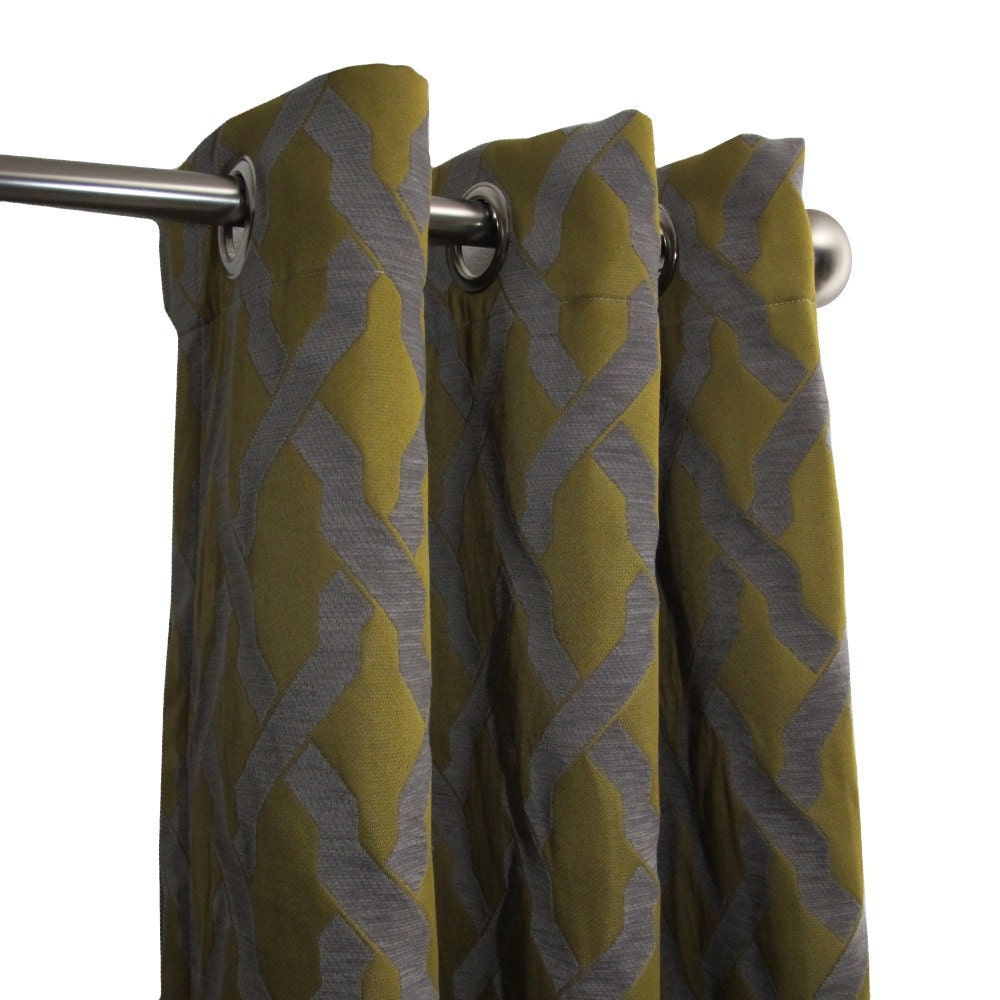 Free US Shipping-Pair Of Decorative Designer Grommet Top Drapery Panels-84 inches-Grey Flocked Trellis On Pear-Custom Lengths Available