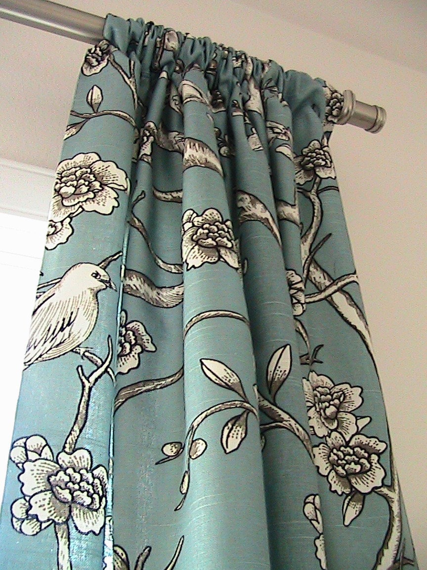 Free US Shipping-Pair Of Decorative Designer Rod Top Drapery Panels-84 inches-Vintage Blossoms In Jade