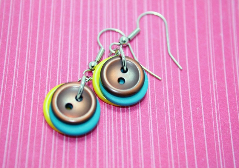 Yellow Aqua and Brown Button Earrings - Layered Dangle Irridescent Matte