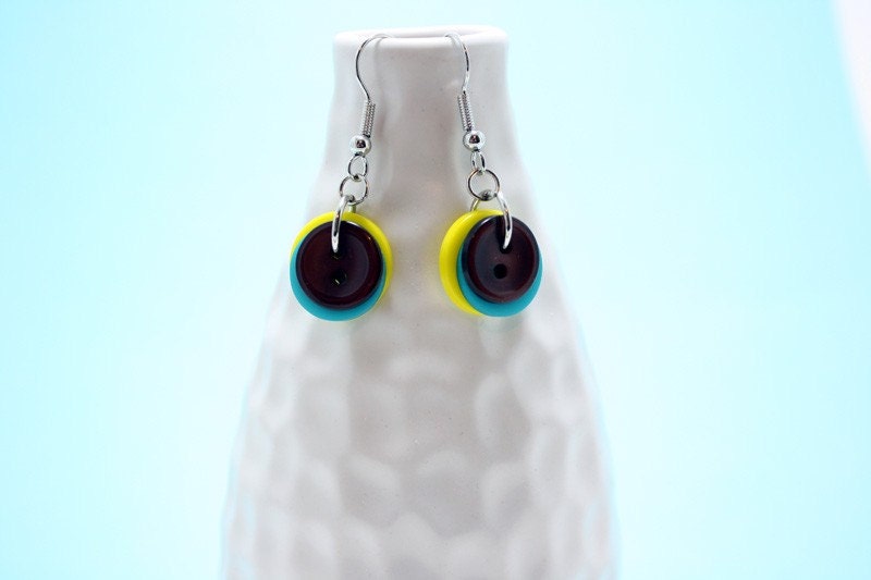 Yellow Aqua and Brown Button Earrings - Layered Dangle Irridescent Matte