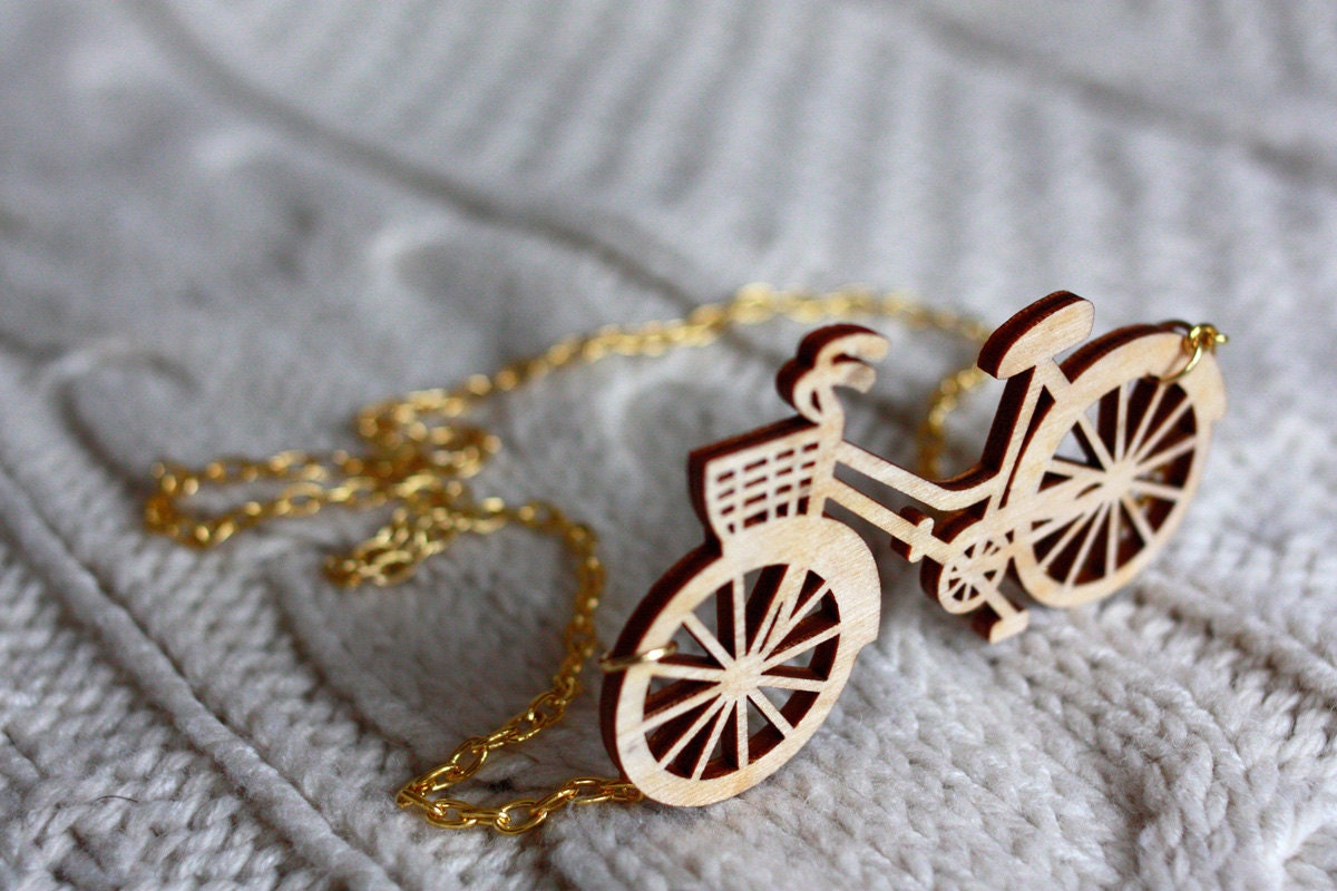 Wooden Bicycle Necklace, Laser cut in Birch wood on gold plate chain.
