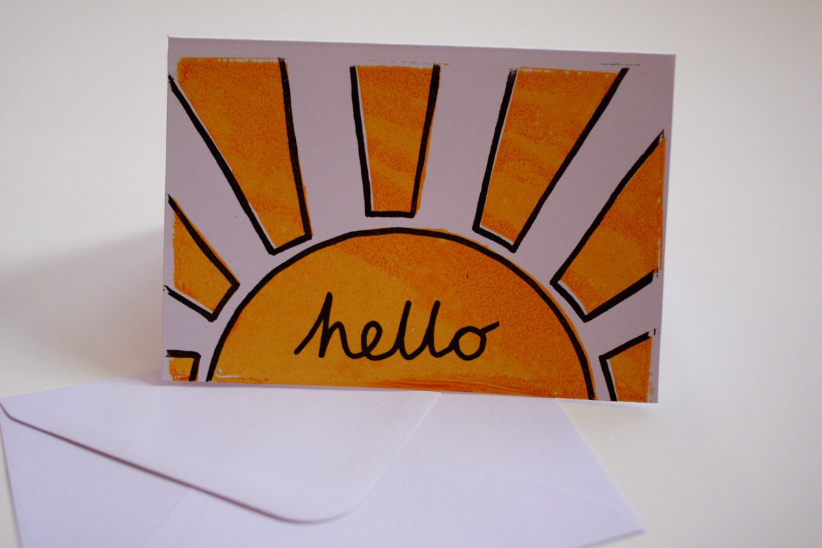 Hello Sunshine. Gocco hand printed card. Two screen yellow and black on white card.