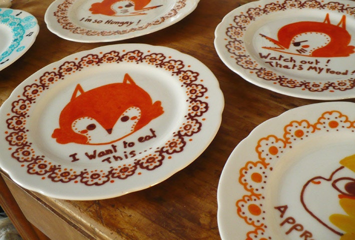 Hand painted illustration fox on plate I'm so Hungry