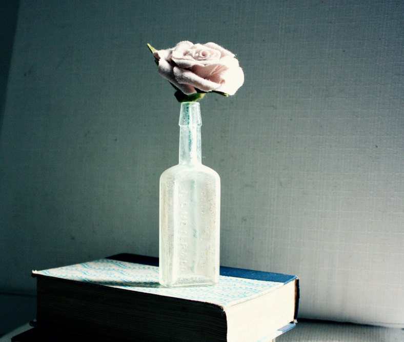 medicinal rose.  hand stitched textile wool rose in antique bottle. ready to ship.
