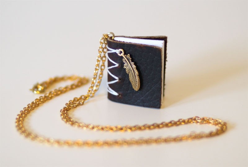 Written on the Wing.  Leather Mini Book Necklace
