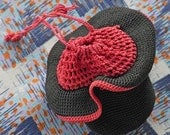 Art Deco Drawstring Change Purse - Black Hat - Hand Crocheted 1930's