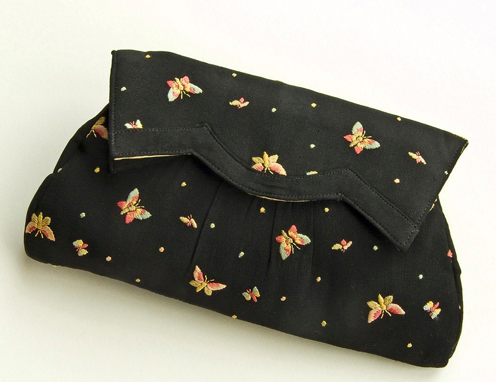 Art Deco Black Silk Butterfly Clutch Purse - Hand Embroidered Butterflies