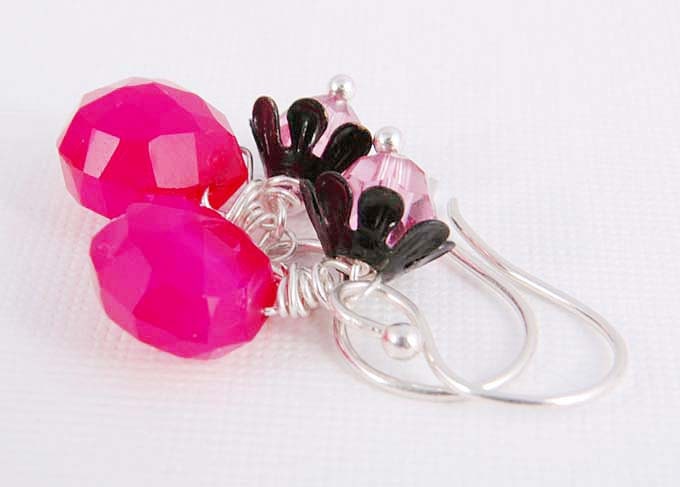 Dangle Earrings Hot Pink Chalcedony, Black Daisy Sterling Silver Handmade Jewelry Accessories Gifts for Her