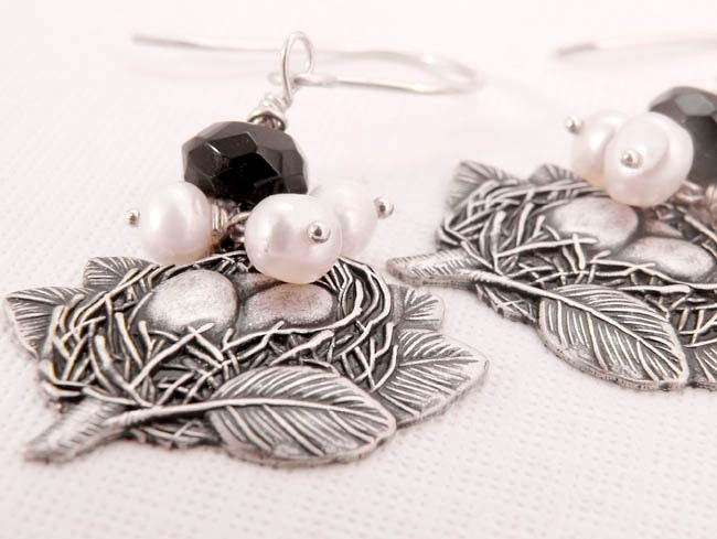 Dangle Earrings Antique Silver Bird's Nest - Pearl Garden Handmade Jewelry Gifts for Her Under 25