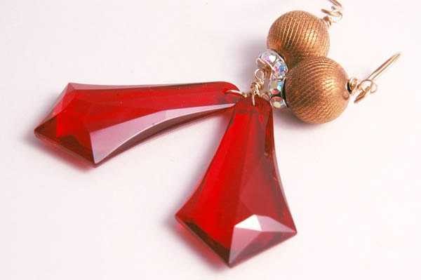 Long Statement Earrings, Red Vintage Gold Earrings, Statement Jewelry Gifts for Her Under 25