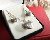 Vintage Set Sterling Puffy Engraved Hearts Pierced Earrings and Pendant NIB