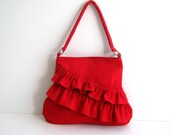 Canvas Ruffles Bag / FRILLY BAG in cRIMSON RED (Bright Red) / Zipper closure / Everyday Purse / Pleated / Medium / Cloudy