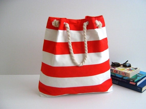 Sailor Tote Bag --for market or beach or gym-- -red and white striped, X-Large and cotton rope straps-