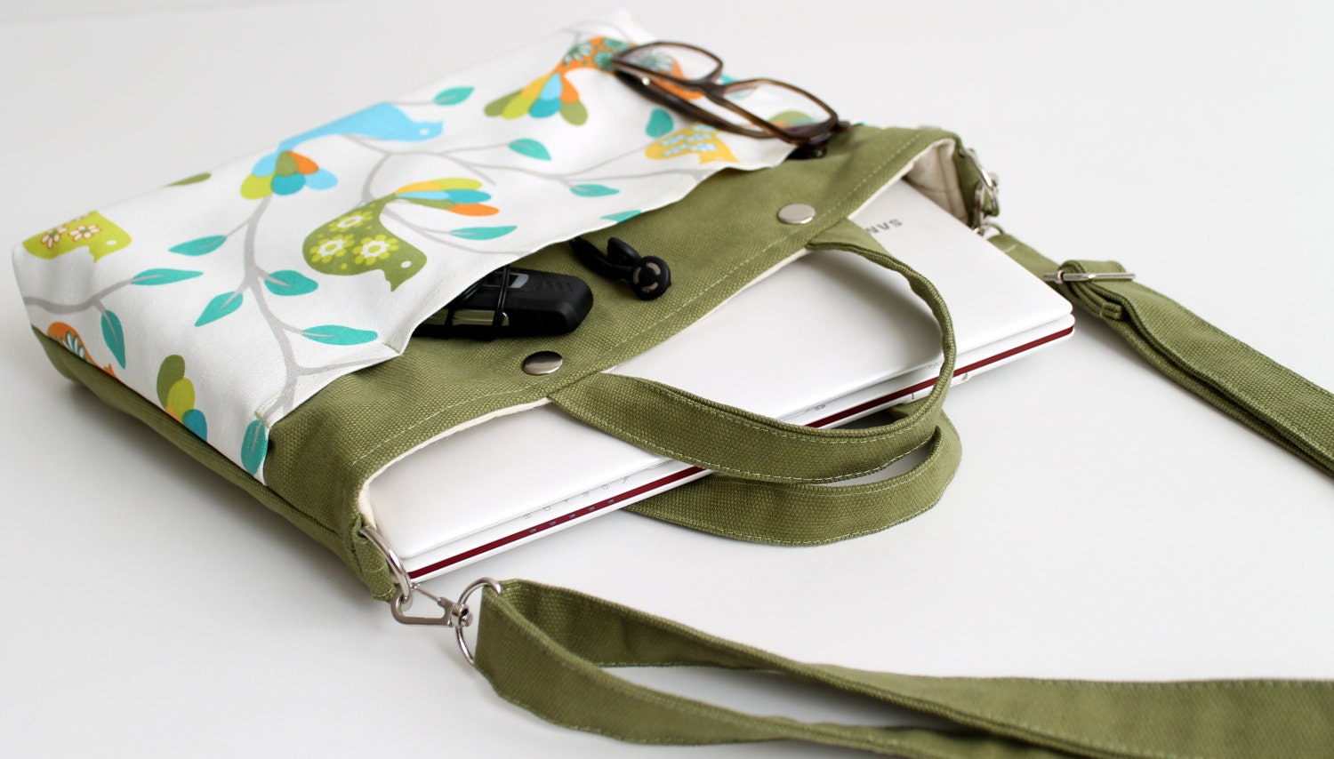 SALE Mini Laptop Bag in Olive Green Little Rainbow Birds / Macbook / Ipad / Outside Pocket