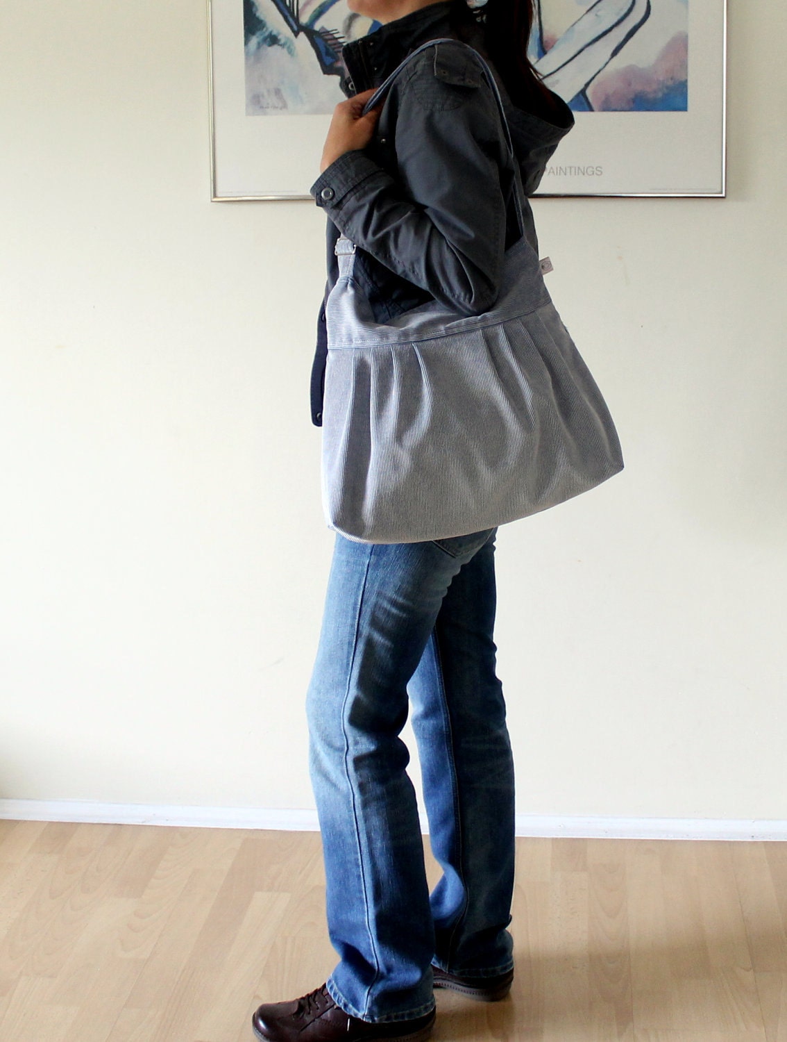 Purple Plum Canvas Pleated Bag - adjustable strap with ZIPPER closure - Messenger Bag - All seasons - Cotton Canvas - Summer Bag - Large