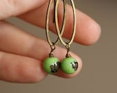 Green Speckled Oval Beaded Earrings with Vintage Glass Beads