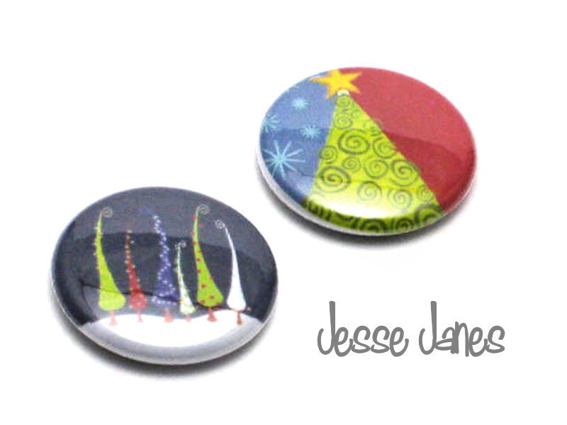 Pinback buttons - CHRISTMAS TREES- pin back button, badge, cabochon, topper or magnet - set of 2