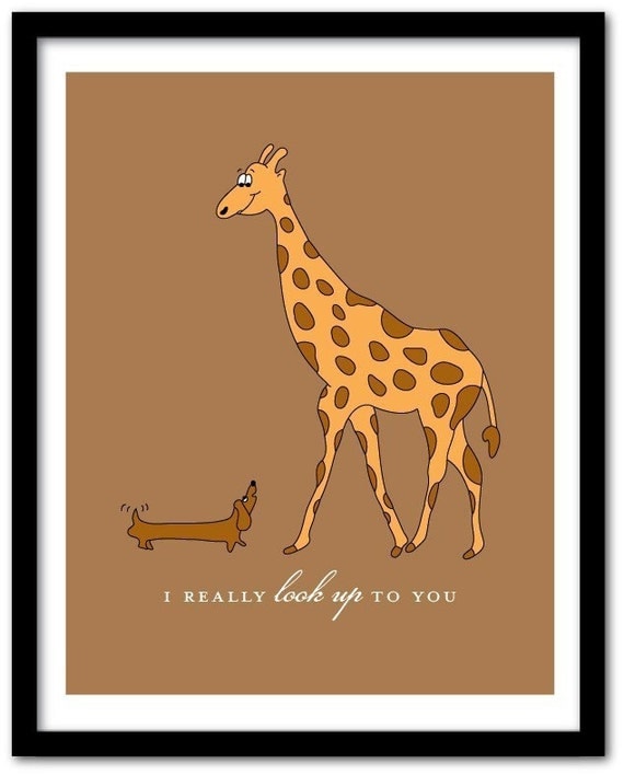 I really look up to you - Giraffe and Dachshund Art Print 8x10 (AP172)