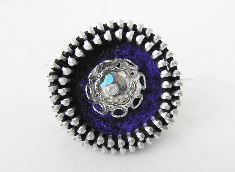 Felt Zipper Bracelet with Crystal Center  Purple Grape